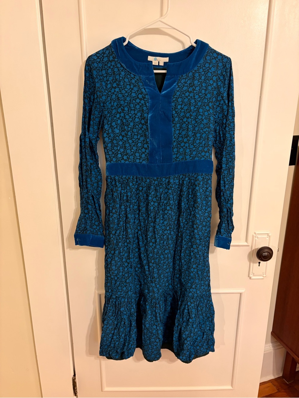 Boden Teal Blue Velvet-Trim Long-Sleeve Midi Dress